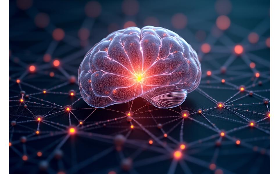 Apstraktni prikaz veštačke inteligencije koja analizira medicinske podatke, sa mrežama neurona i grafikama koje simbolizuju obradu i generisanje uvida.