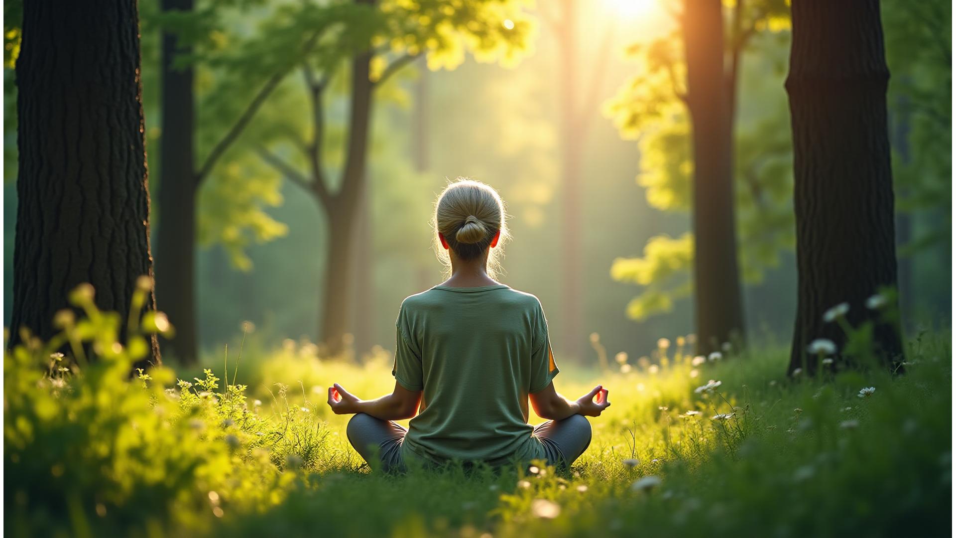Žena meditira u bujnoj, zelenoj šumi obasjanoj suncem, simbolizujući harmoniju čoveka i prirode.