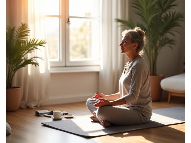 Žena praktikuje jutarnje istezanje i meditaciju u mirnom okruženju doma.