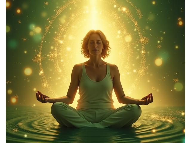 Žena meditira u sjaju energije, ilustrujući holističko i kvantno isceljivanje.