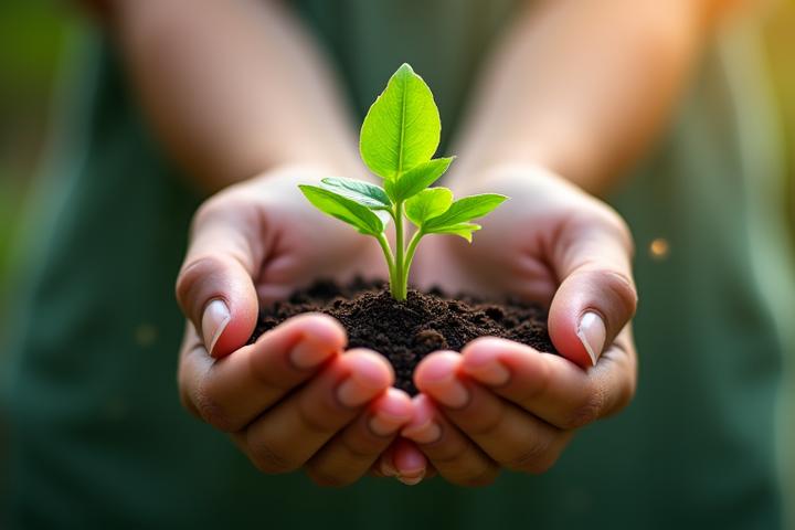 Ruke drže zelenu biljku, simbolizuju holistički i ekološki pristup wellnessu
