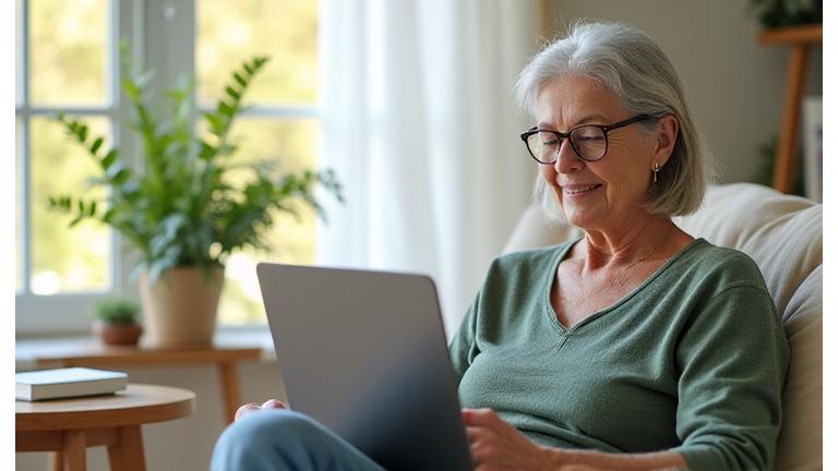 Žena srednjih godina razgovara sa wellness savetnikom putem video poziva na tabletu, ilustrujući online konsultacije.