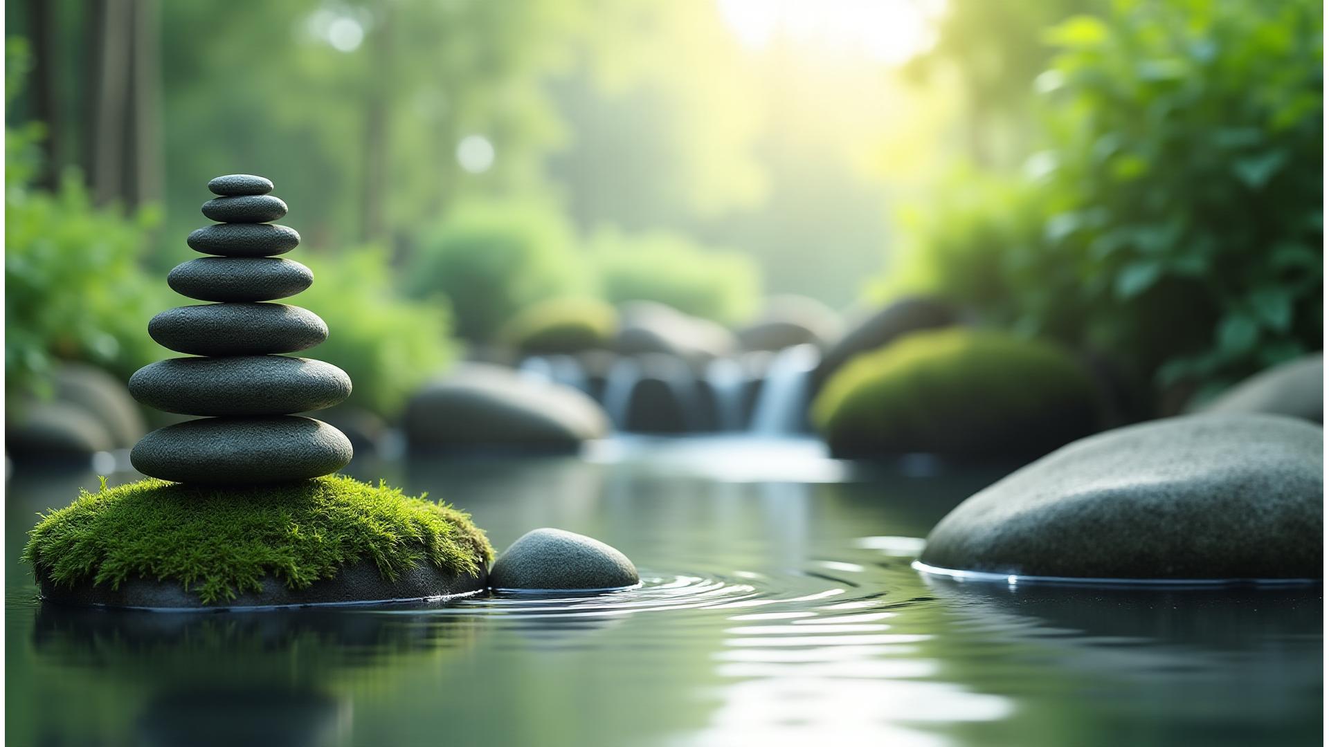 Zen kamenje sa vodom i zelenilom simbolizuje mir i inovaciju u wellnessu