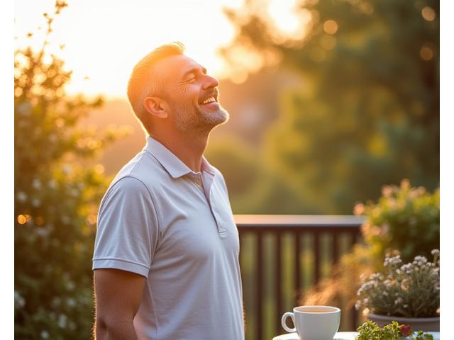 Čovek uživa u jutarnjem suncu sa šoljicom kafe, osećajući se energično i revitalizovano