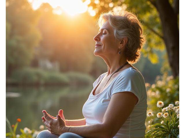 Opuštena žena meditira u mirnom prirodnom okruženju, simbolizujući otklanjanje stresa