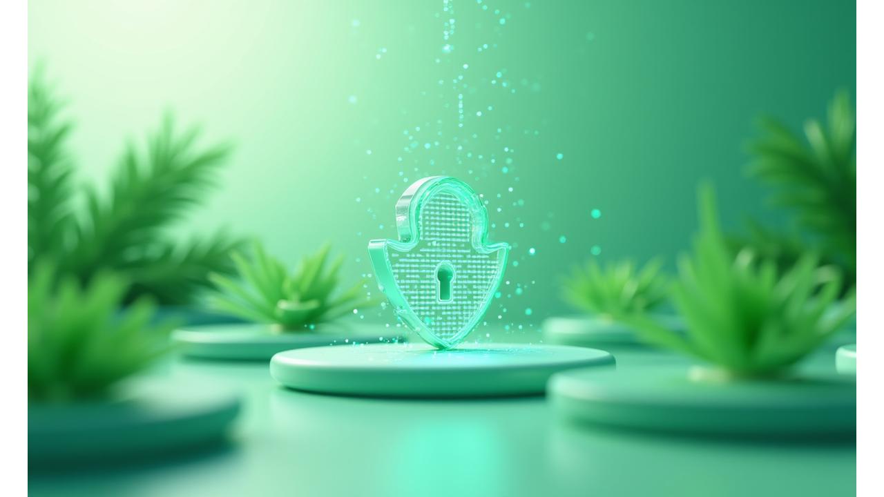Ilustracija digitalne sigurnosti i privatnosti, sa simbolima štitova i zaključavanja na ekranu, okružena zelenilom koja simbolizuje wellness.