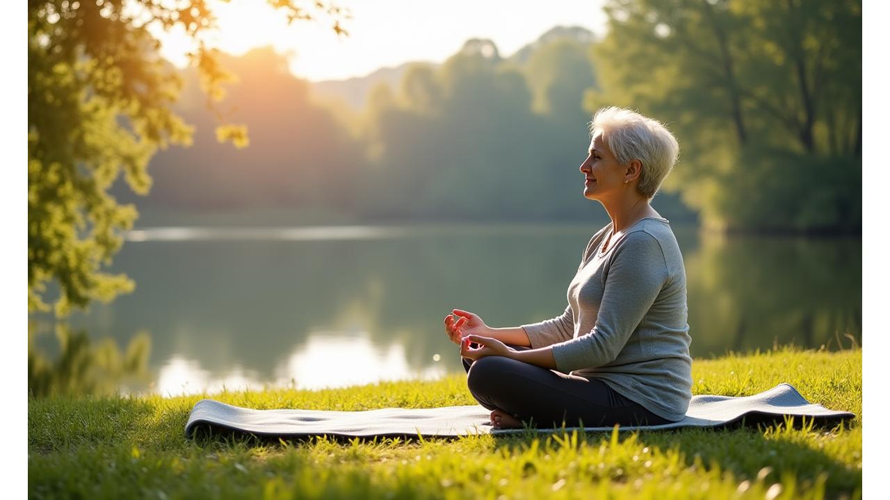 Žena srednjih godina praktikuje mindful meditaciju u prirodi
