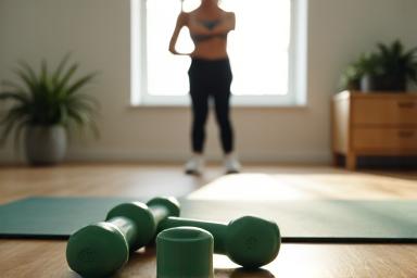 Osoba vežba sa opremom za fitness kod kuće, tegovi i prostirka