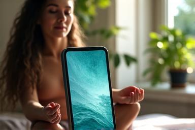 Osoba meditira uz aplikaciju na tabletu, ilustrujući mentalno blagostanje
