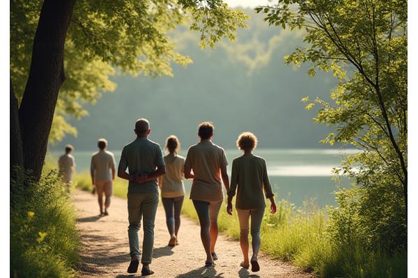Grupa ljudi šeta po stazi u prirodi u mirnom, zelenom okruženju, simoblizujući mindfulness šetnju.